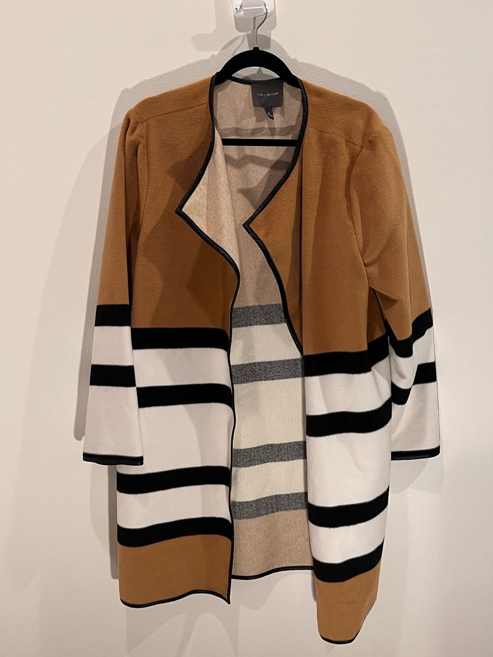 The Limited Striped Open-Front Cardigan in Tan, White & Black